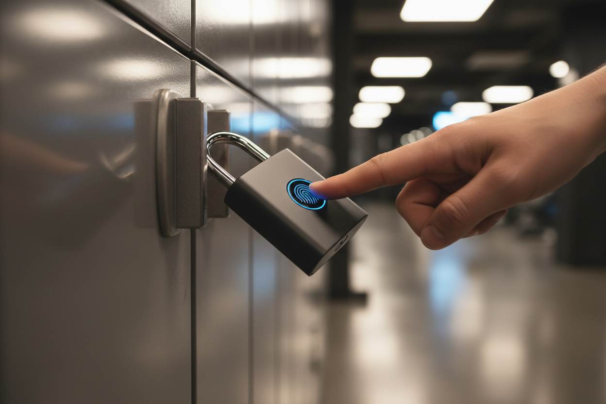 Smart Fingerprint Padlock securing a modern gym locker