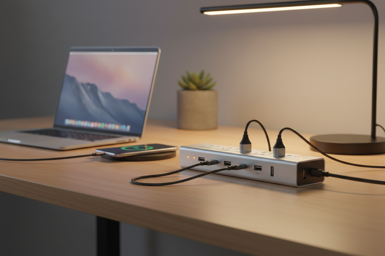 Smart power strip with USB ports on a modern home office desk