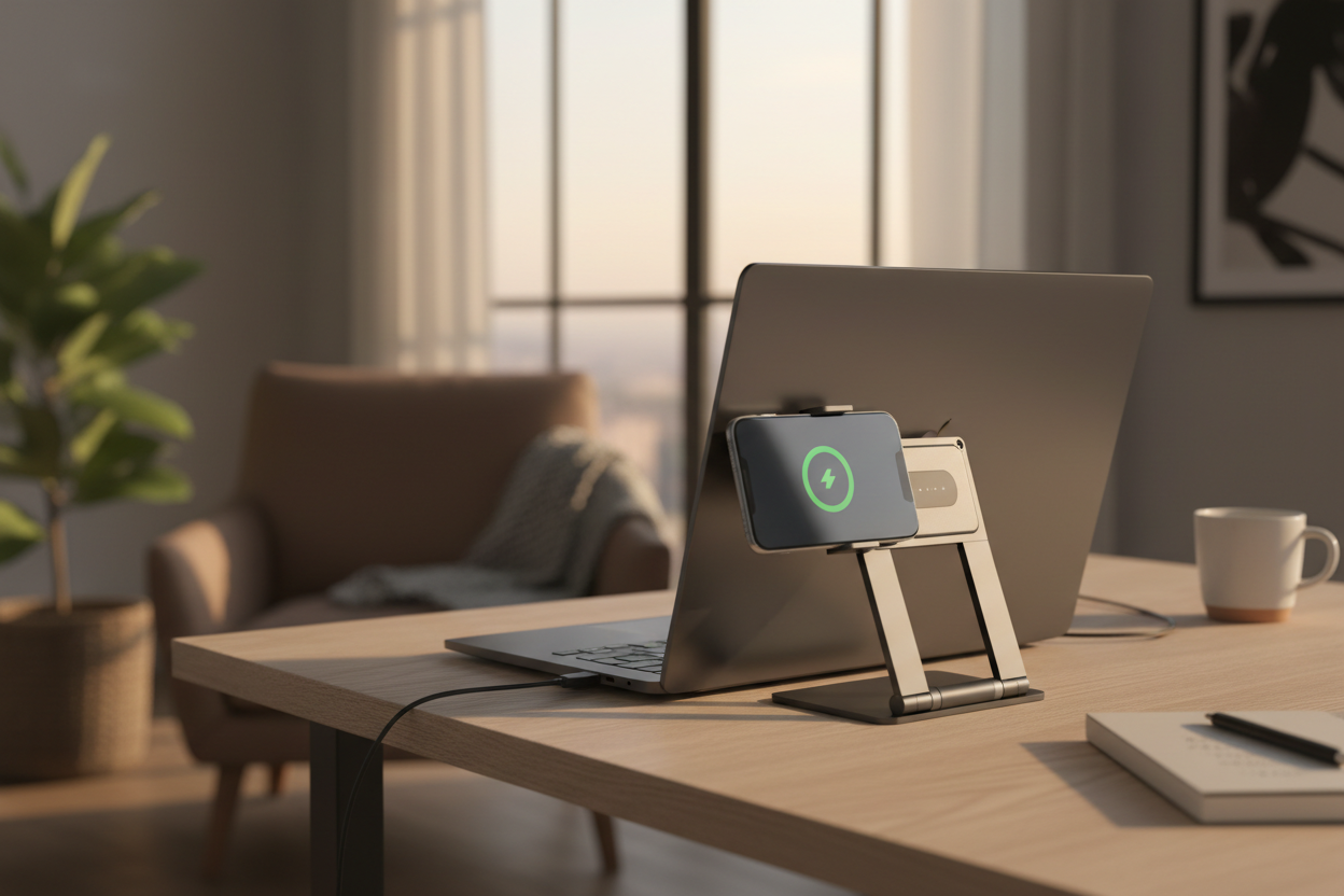 Magnetic phone stand with wireless charger on a laptop in a home office
